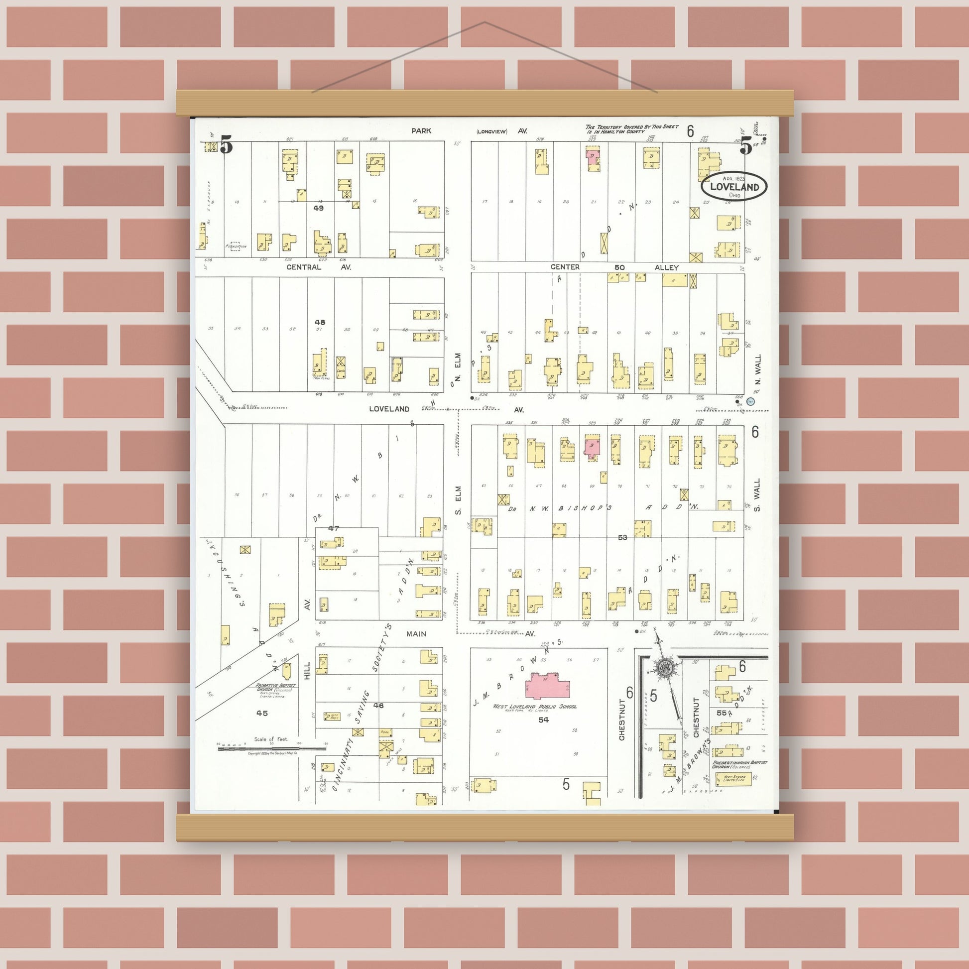 Old map wall art mockup — magnetic wood frame on brick wall — Sanborn Fire Insurance Map from Loveland, Clermont, Hamilton, And Warren County, Ohio (1923), Sheet #0005
