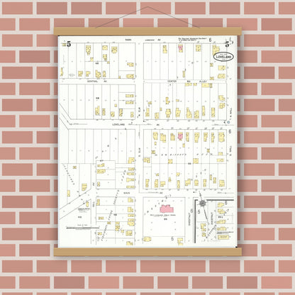Old map wall art mockup — magnetic wood frame on brick wall — Sanborn Fire Insurance Map from Loveland, Clermont, Hamilton, And Warren County, Ohio (1923), Sheet #0005