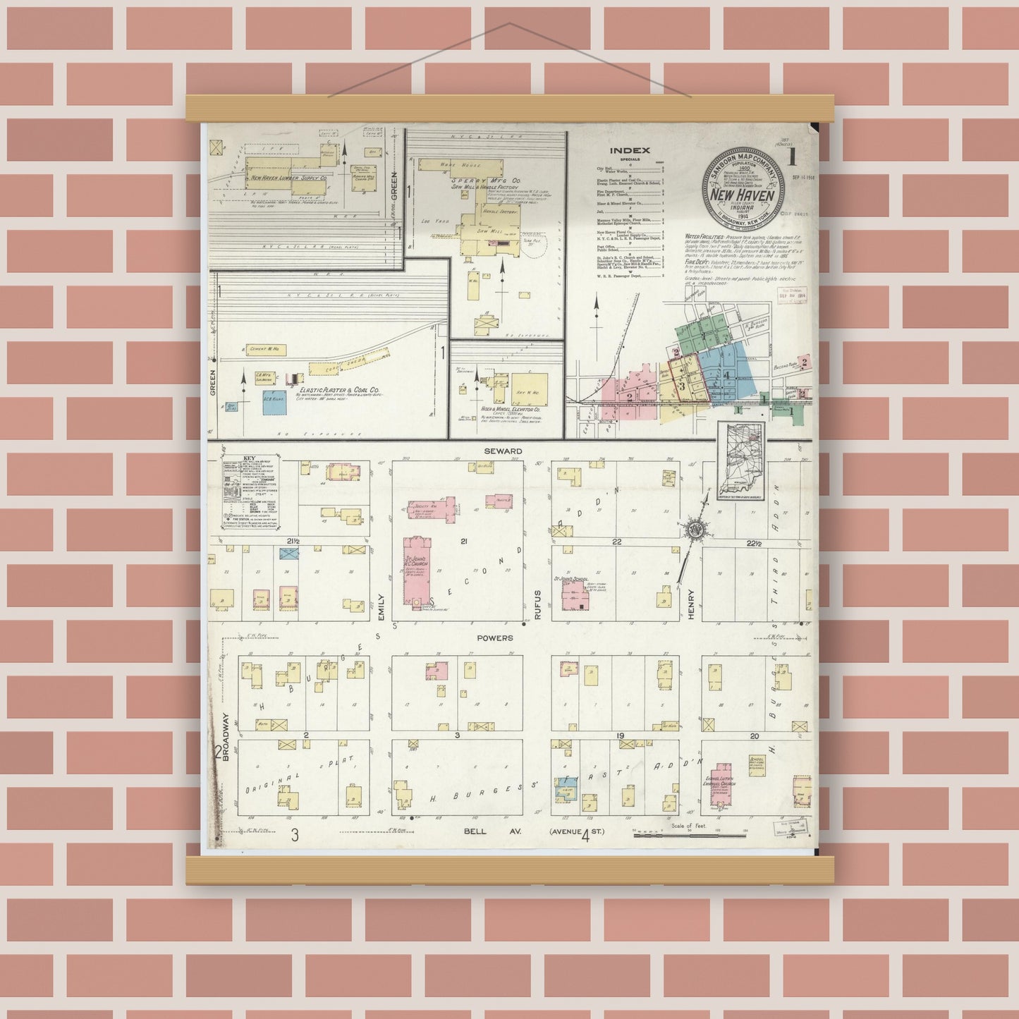 Old map wall art mockup — magnetic wood frame on brick wall — Sanborn Fire Insurance Map from New Haven, Allen County, Indiana (1914) - Complete Map Set