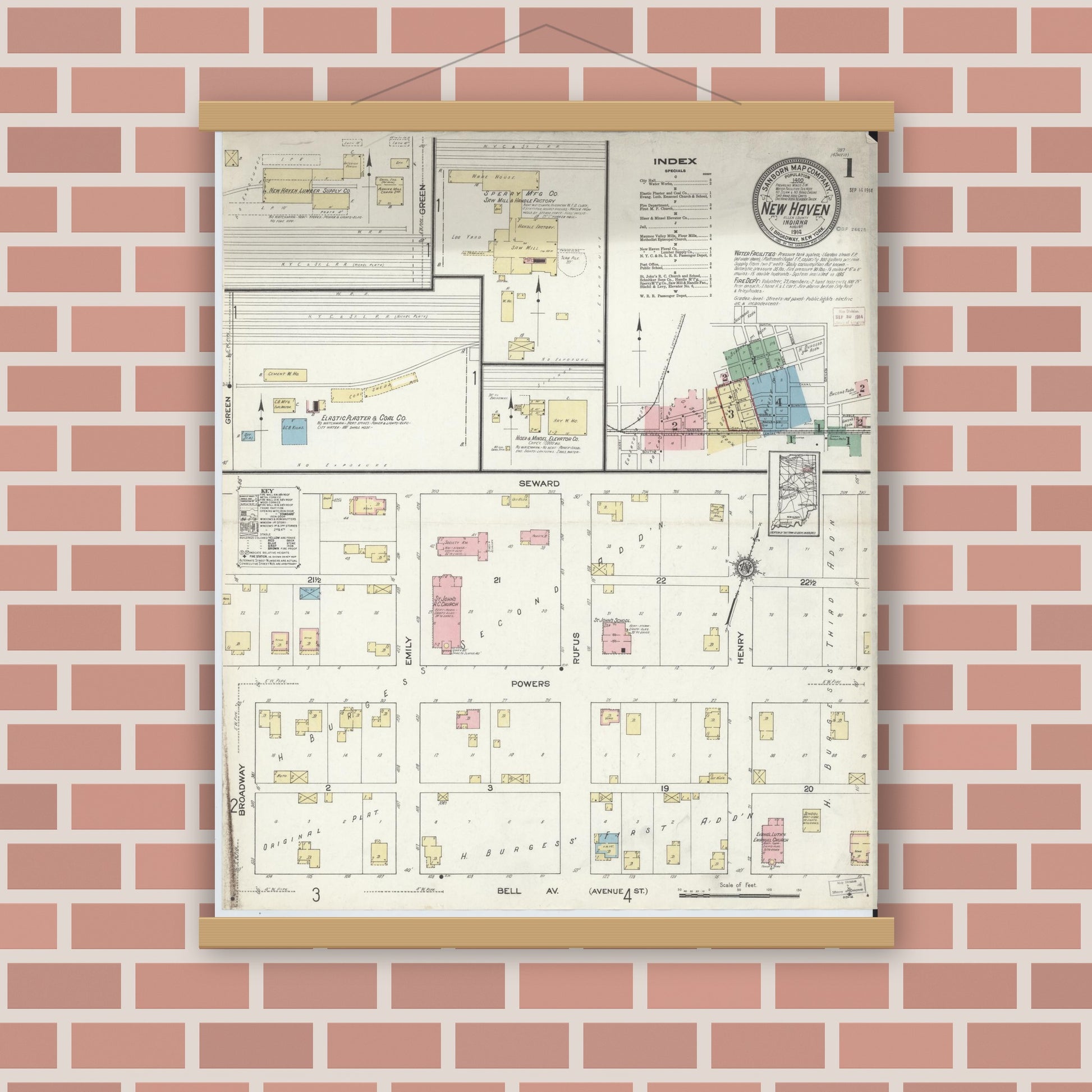 Old map wall art mockup — magnetic wood frame on brick wall — Sanborn Fire Insurance Map from New Haven, Allen County, Indiana (1914) - Complete Map Set
