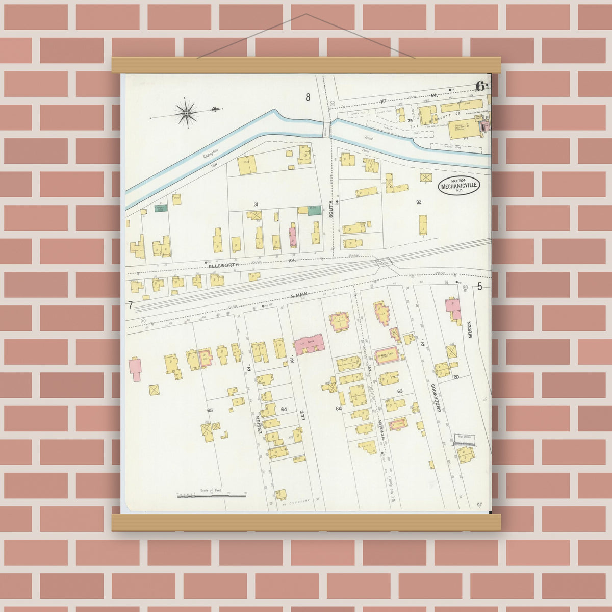 Old map wall art mockup — magnetic wood frame on brick wall — Sanborn Fire Insurance Map from Mechanicville, Saratoga County, New York (1904), Sheet #0005