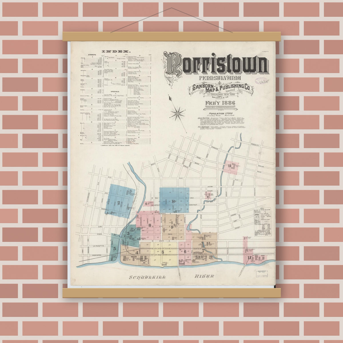 Old map wall art mockup — magnetic wood frame on brick wall — Sanborn Fire Insurance Map from Norristown, Montgomery County, Pennsylvania (1886) - Complete Map Set