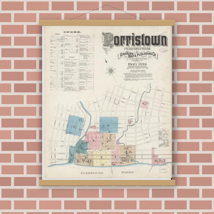 Old map wall art mockup — magnetic wood frame on brick wall — Sanborn Fire Insurance Map from Norristown, Montgomery County, Pennsylvania (1886) - Complete Map Set