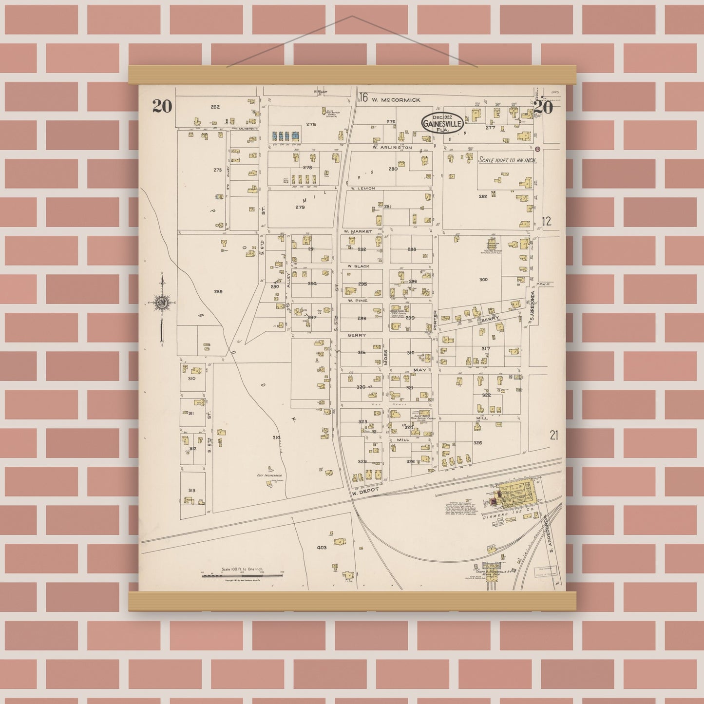 Old map wall art mockup — magnetic wood frame on brick wall — Sanborn Fire Insurance Map from Gainesville, Alachua County, Florida (1922), Sheet #0020