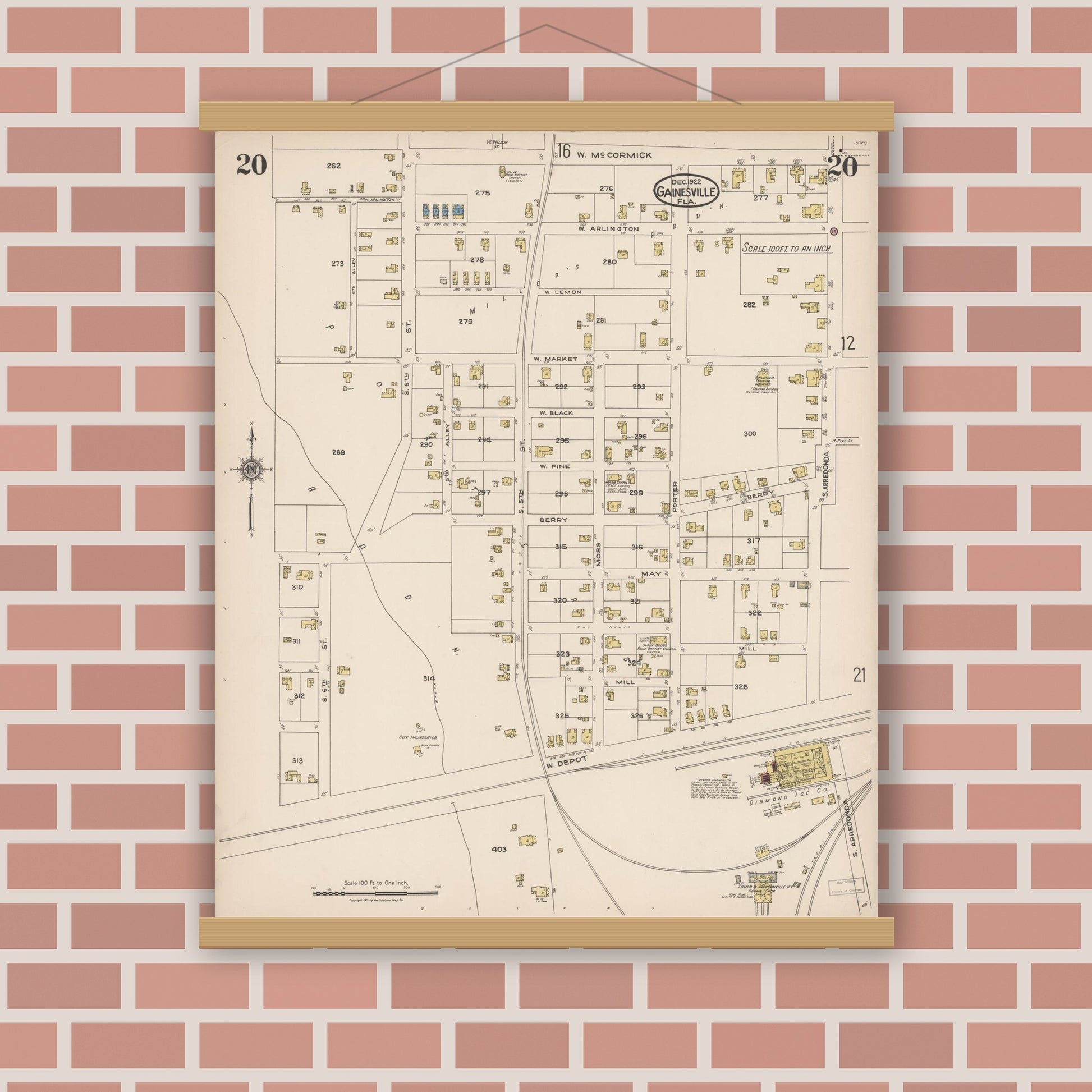 Old map wall art mockup — magnetic wood frame on brick wall — Sanborn Fire Insurance Map from Gainesville, Alachua County, Florida (1922), Sheet #0020