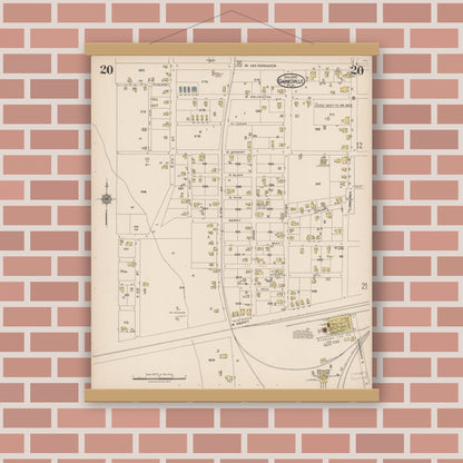 Old map wall art mockup — magnetic wood frame on brick wall — Sanborn Fire Insurance Map from Gainesville, Alachua County, Florida (1922), Sheet #0020