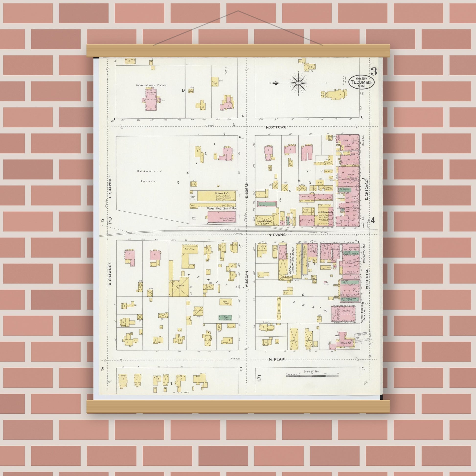 Old map wall art mockup — magnetic wood frame on brick wall — Sanborn Fire Insurance Map from Tecumseh, Lenawee County, Michigan (1907), Sheet #0003