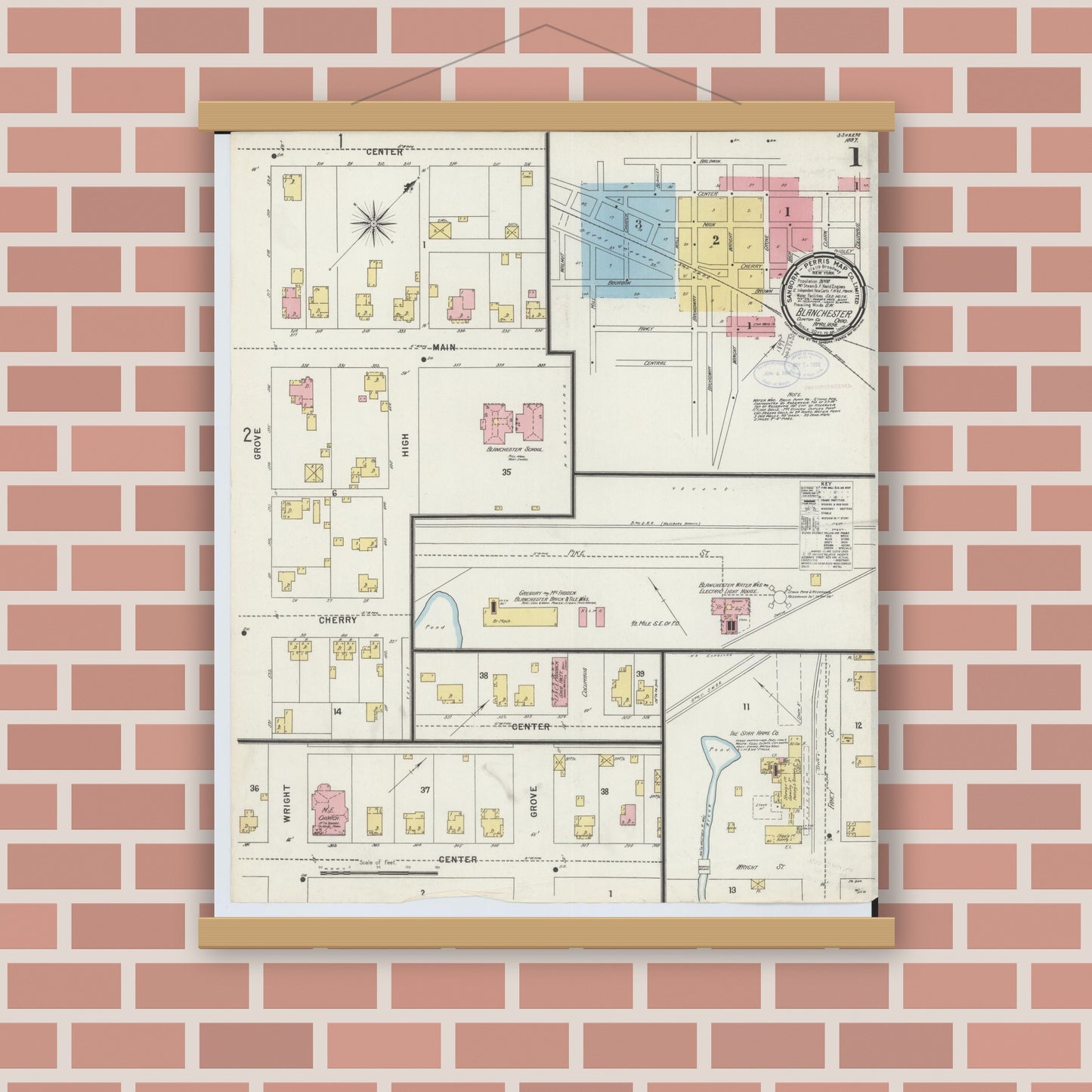 Old map wall art mockup — magnetic wood frame on brick wall — Sanborn Fire Insurance Map from Blanchester, Clinton County, Ohio (1898) - Complete Map Set