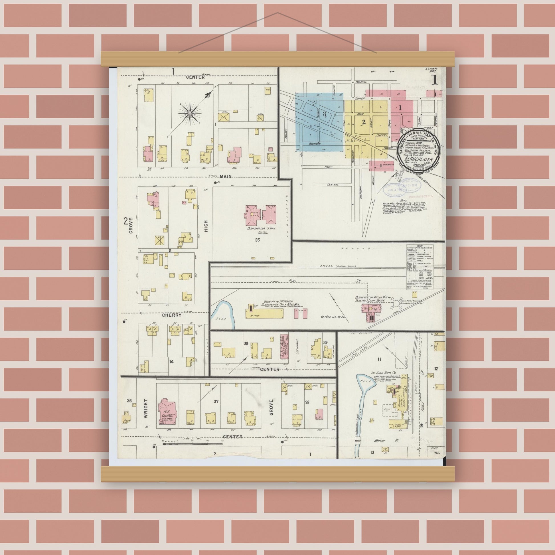 Old map wall art mockup — magnetic wood frame on brick wall — Sanborn Fire Insurance Map from Blanchester, Clinton County, Ohio (1898) - Complete Map Set