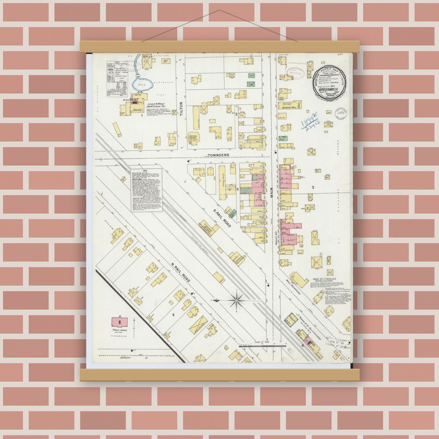Old map wall art mockup — magnetic wood frame on brick wall — Sanborn Fire Insurance Map from Greenwich, Huron County, Ohio (1899), Sheet #0001