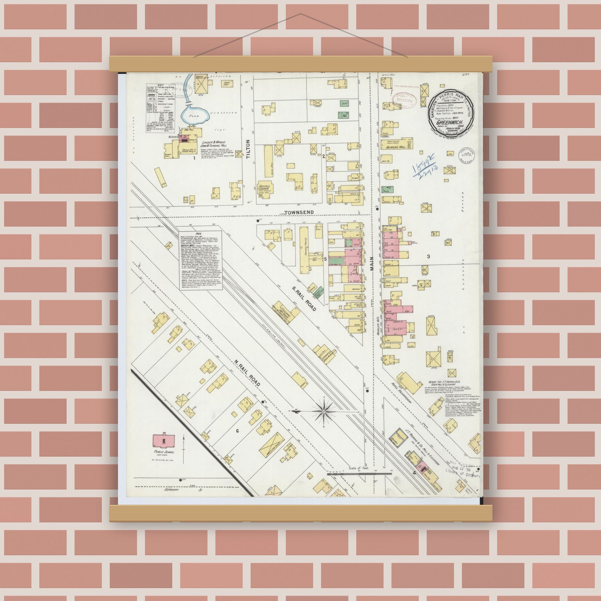 Old map wall art mockup — magnetic wood frame on brick wall — Sanborn Fire Insurance Map from Greenwich, Huron County, Ohio (1899), Sheet #0001