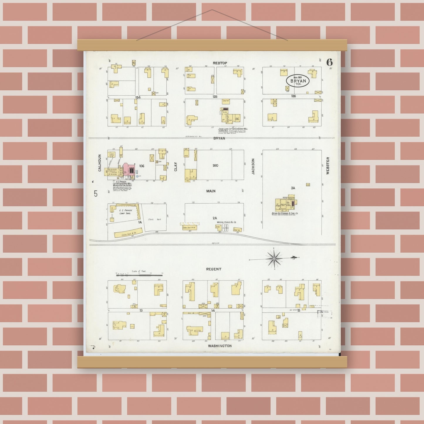Old map wall art mockup — magnetic wood frame on brick wall — Sanborn Fire Insurance Map from Bryan, Brazos County, Texas (1901), Sheet #0006