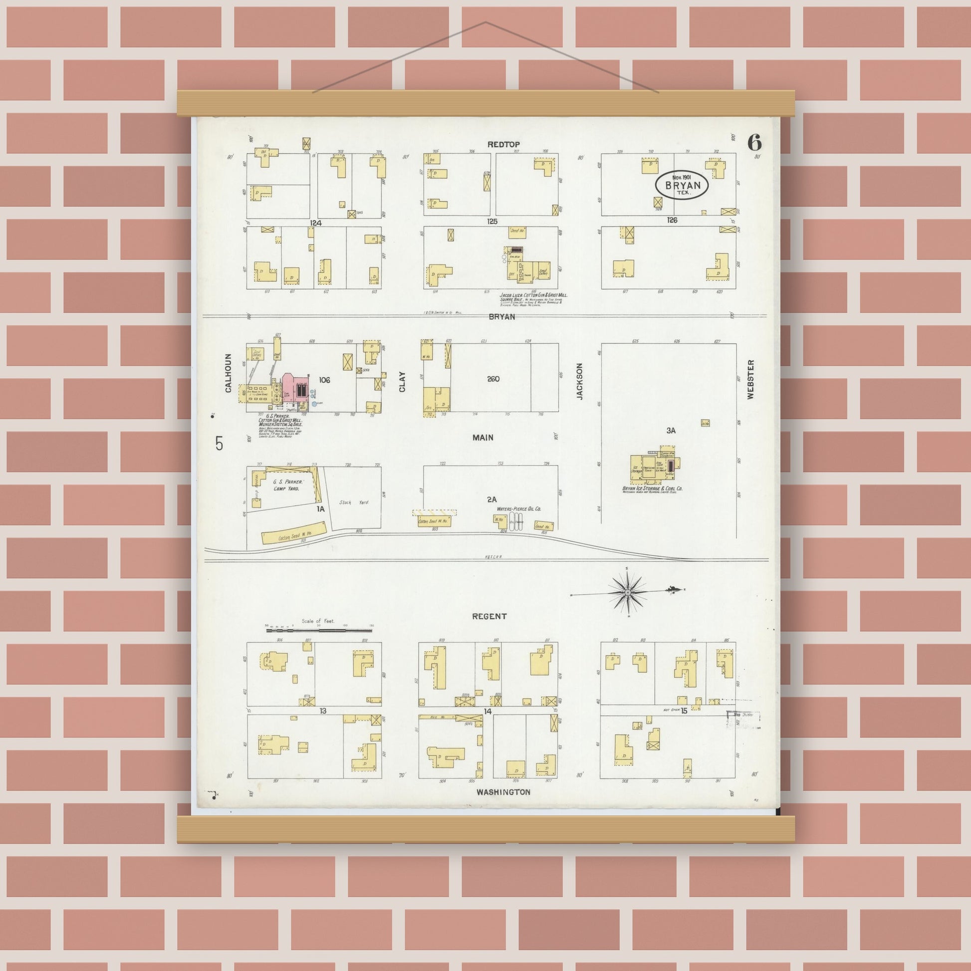 Old map wall art mockup — magnetic wood frame on brick wall — Sanborn Fire Insurance Map from Bryan, Brazos County, Texas (1901), Sheet #0006