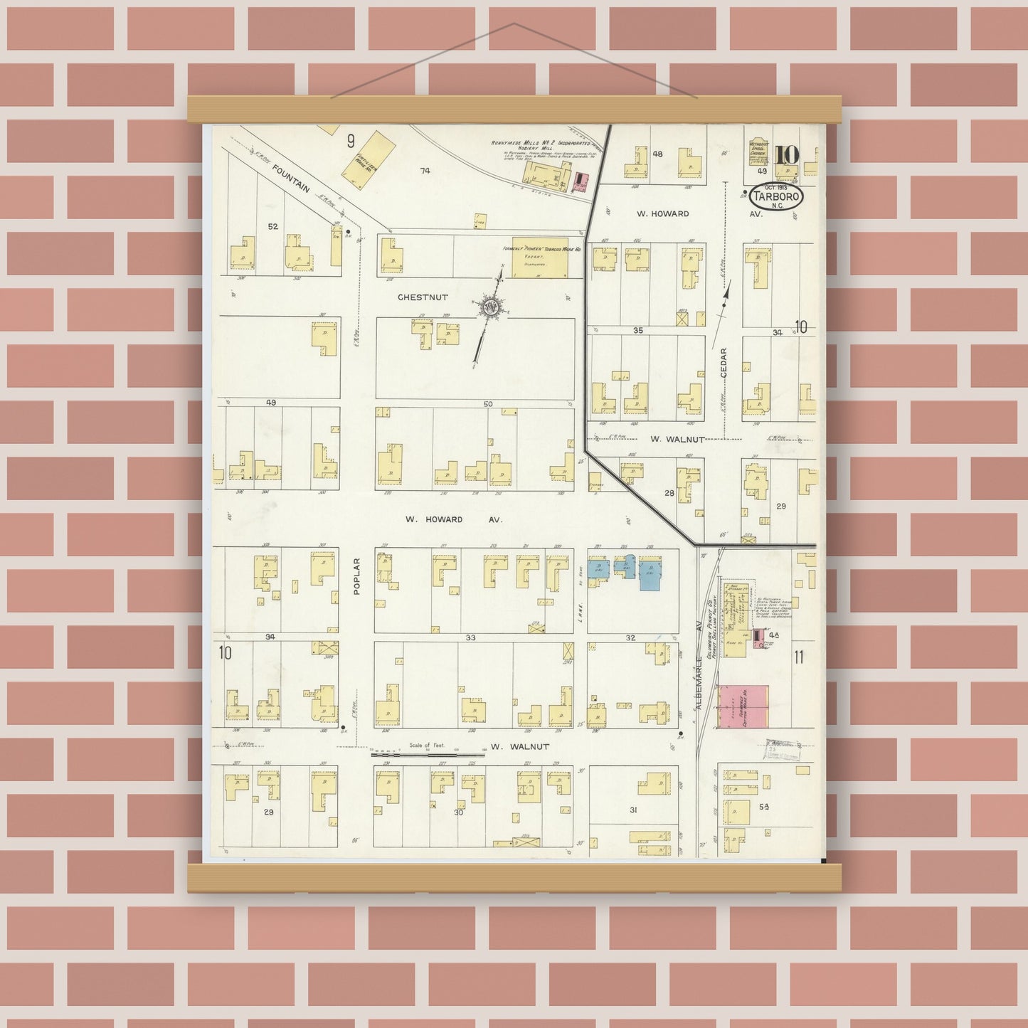 Old map wall art mockup — magnetic wood frame on brick wall — Sanborn Fire Insurance Map from Tarboro, Edgecombe County, North Carolina (1913), Sheet #0010