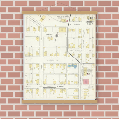 Old map wall art mockup — magnetic wood frame on brick wall — Sanborn Fire Insurance Map from Tarboro, Edgecombe County, North Carolina (1913), Sheet #0010