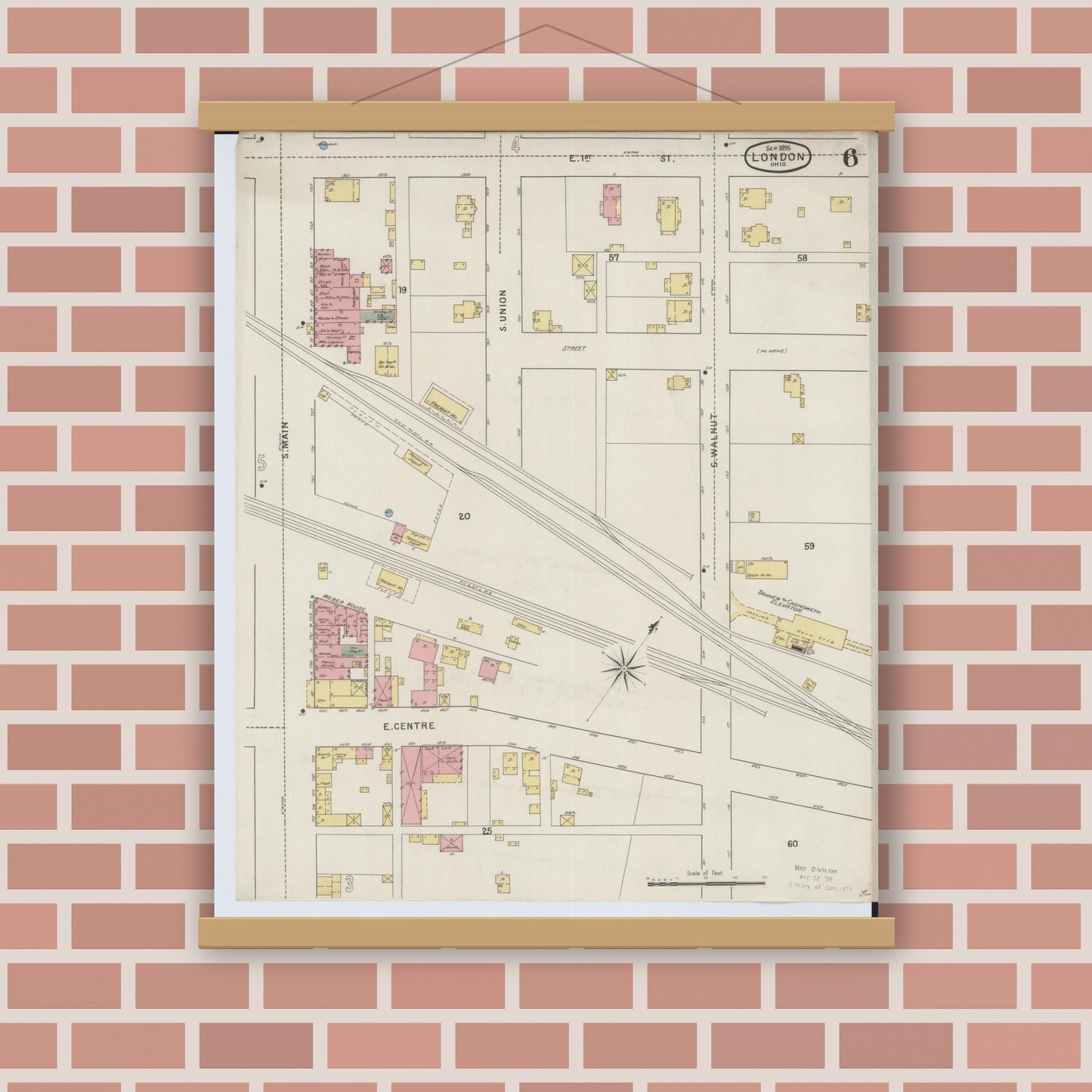 Old map wall art mockup — magnetic wood frame on brick wall — Sanborn Fire Insurance Map from London, Madison County, Ohio (1895), Sheet #0006