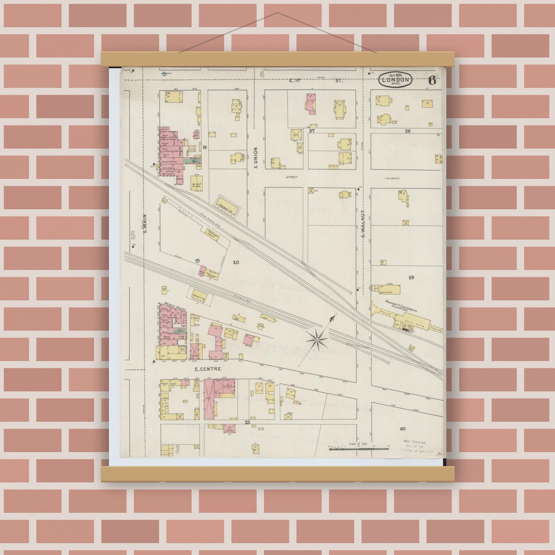Old map wall art mockup — magnetic wood frame on brick wall — Sanborn Fire Insurance Map from London, Madison County, Ohio (1895), Sheet #0006