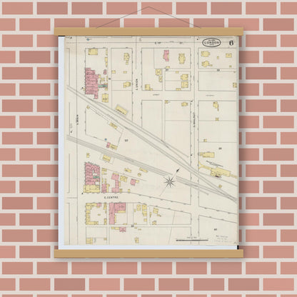 Old map wall art mockup — magnetic wood frame on brick wall — Sanborn Fire Insurance Map from London, Madison County, Ohio (1895), Sheet #0006