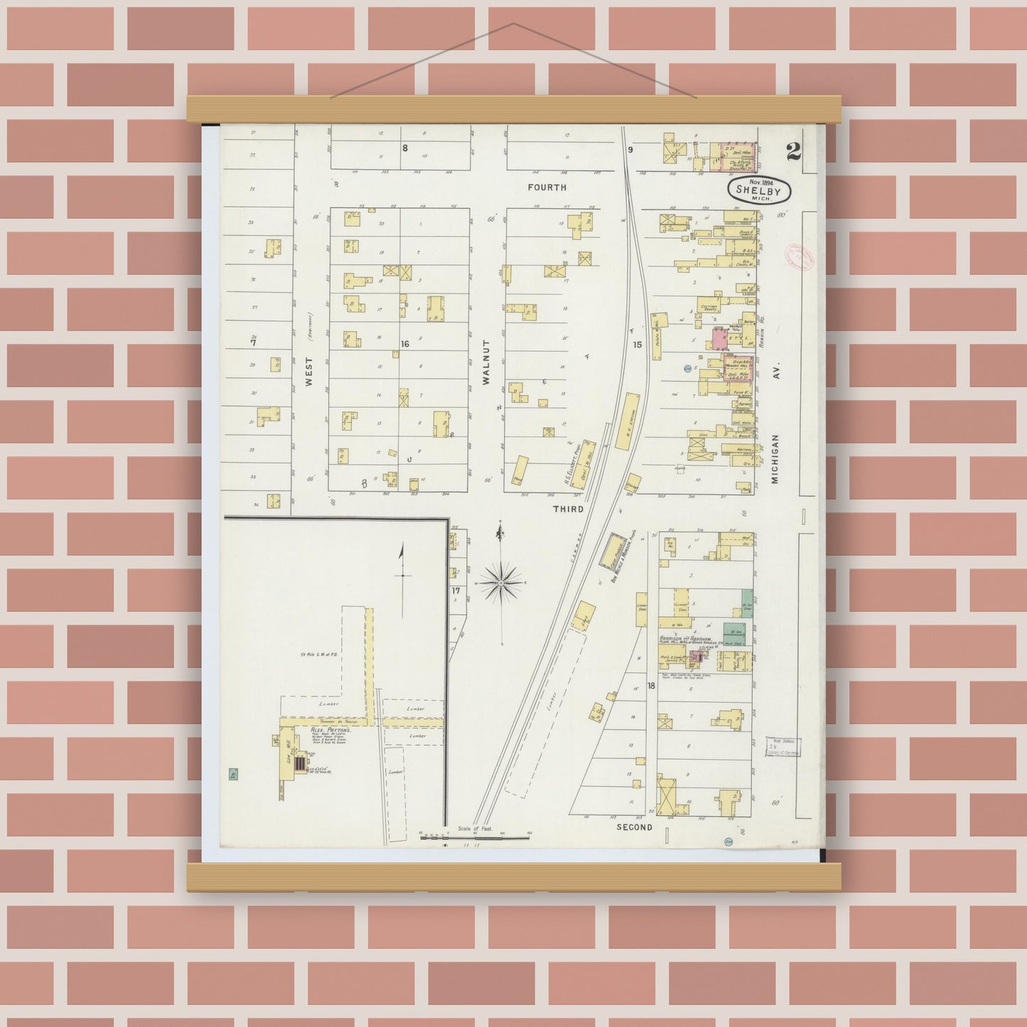 Old map wall art mockup — magnetic wood frame on brick wall — Sanborn Fire Insurance Map from Shelby, Oceana County, Michigan (1894), Sheet #0002