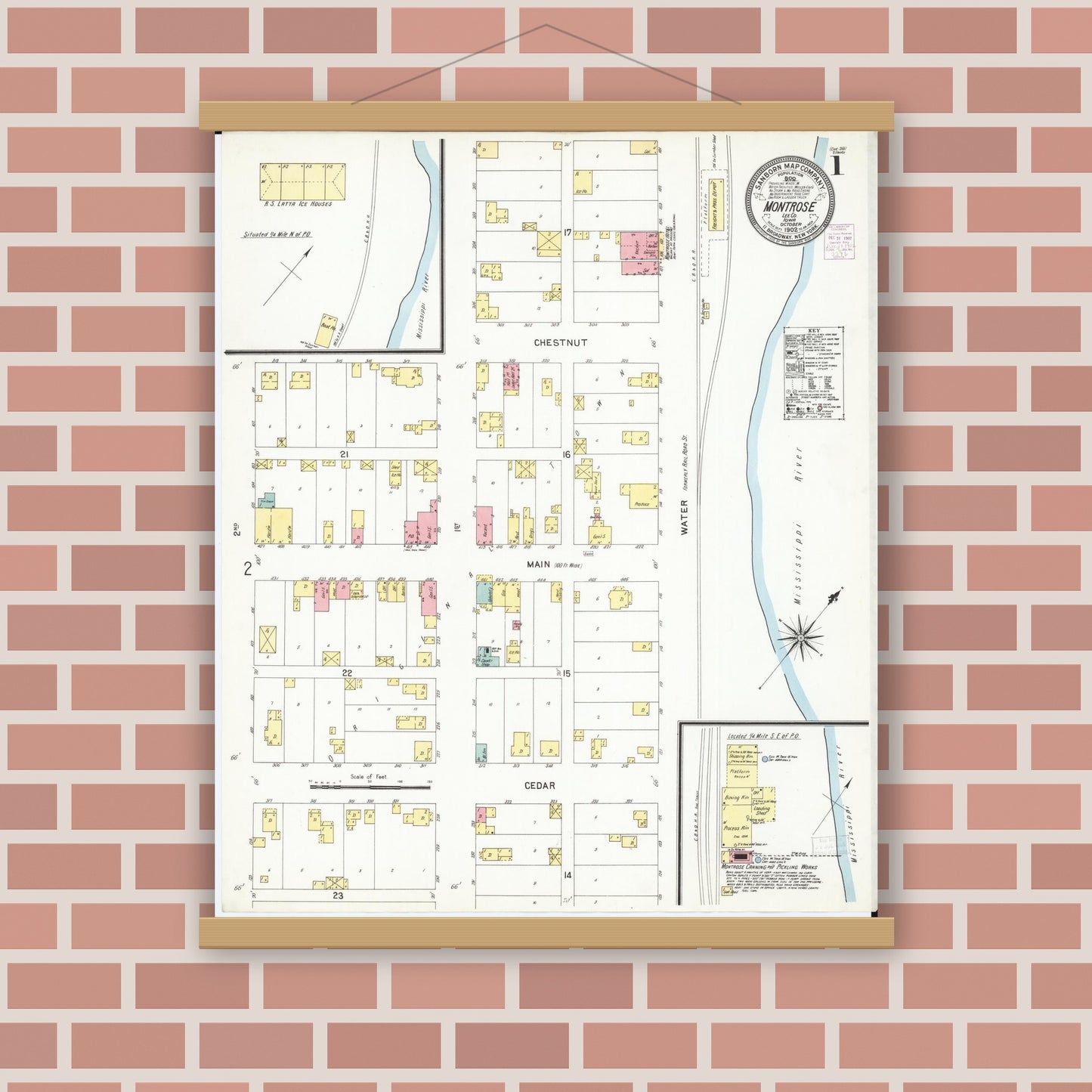 Old map wall art mockup — magnetic wood frame on brick wall — Sanborn Fire Insurance Map from Montrose, Lee County, Iowa (1902) â€” Complete Set