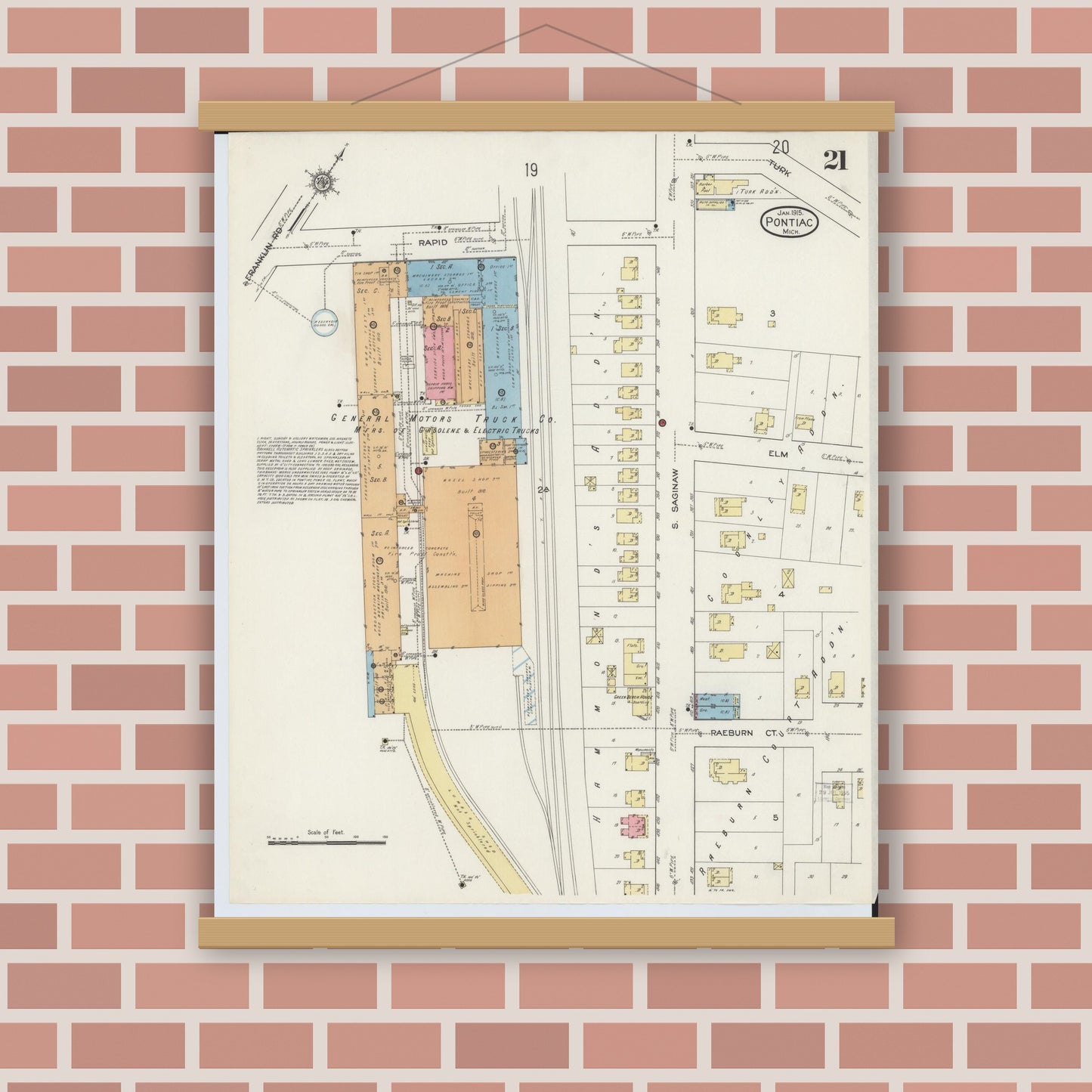 Old map wall art mockup — magnetic wood frame on brick wall — Sanborn Fire Insurance Map from Pontiac, Oakland County, Michigan (1915), Sheet #0021