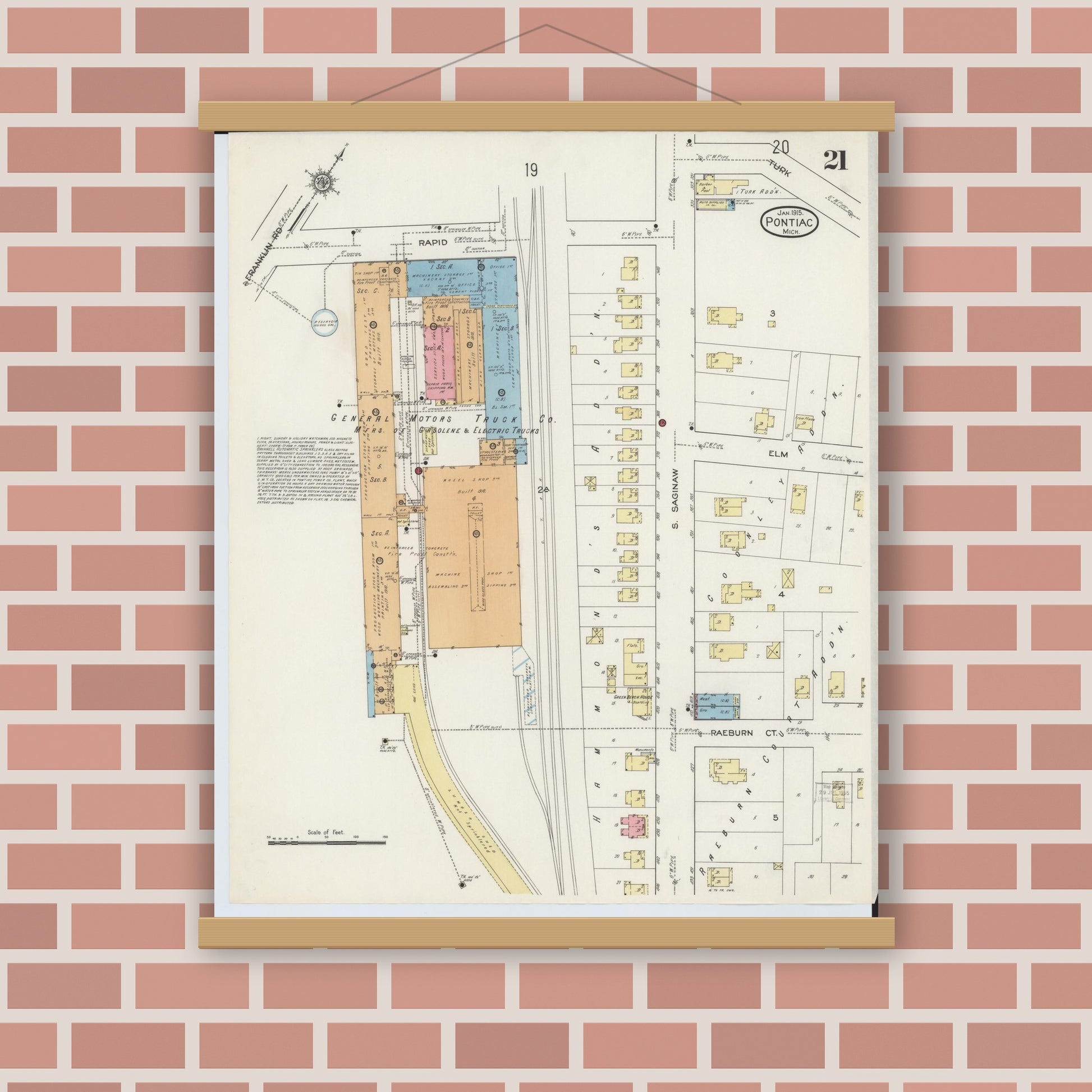 Old map wall art mockup — magnetic wood frame on brick wall — Sanborn Fire Insurance Map from Pontiac, Oakland County, Michigan (1915), Sheet #0021