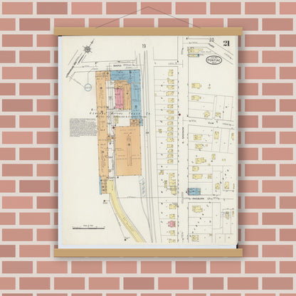 Old map wall art mockup — magnetic wood frame on brick wall — Sanborn Fire Insurance Map from Pontiac, Oakland County, Michigan (1915), Sheet #0021