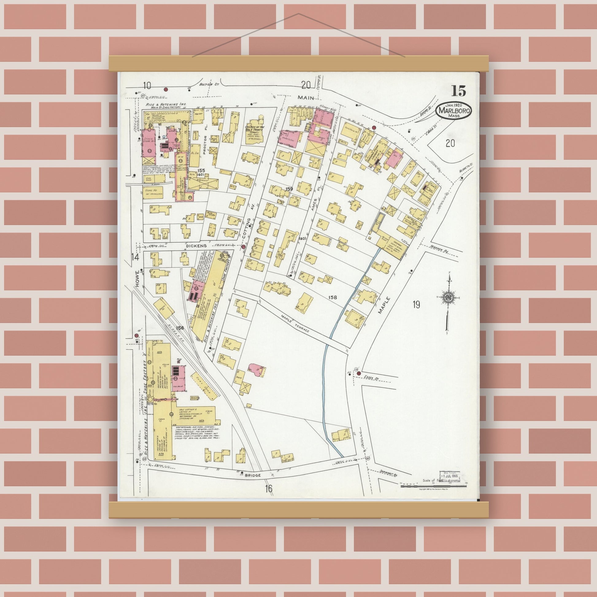 Old map wall art mockup — magnetic wood frame on brick wall — Sanborn Fire Insurance Map from Marlborough, Middlesex County, Massachusetts (1920), Sheet #0015