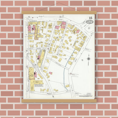 Old map wall art mockup — magnetic wood frame on brick wall — Sanborn Fire Insurance Map from Marlborough, Middlesex County, Massachusetts (1920), Sheet #0015