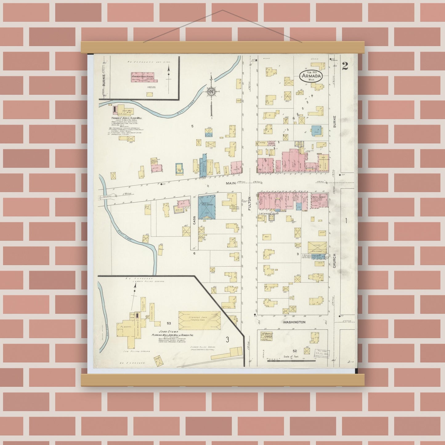 Old map wall art mockup — magnetic wood frame on brick wall — Sanborn Fire Insurance Map from Armada, Macomb County, Michigan (1913), Sheet #0002
