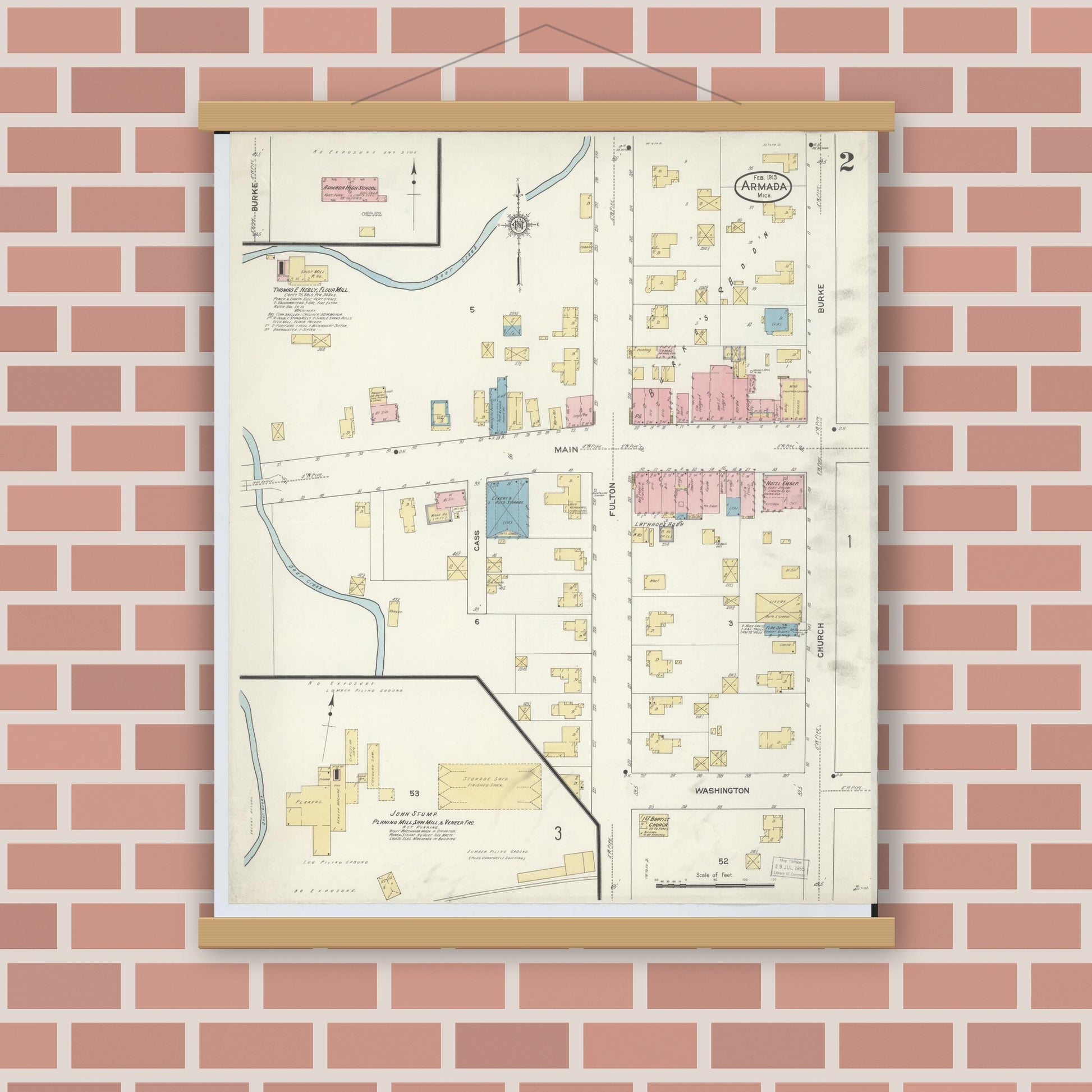 Old map wall art mockup — magnetic wood frame on brick wall — Sanborn Fire Insurance Map from Armada, Macomb County, Michigan (1913), Sheet #0002
