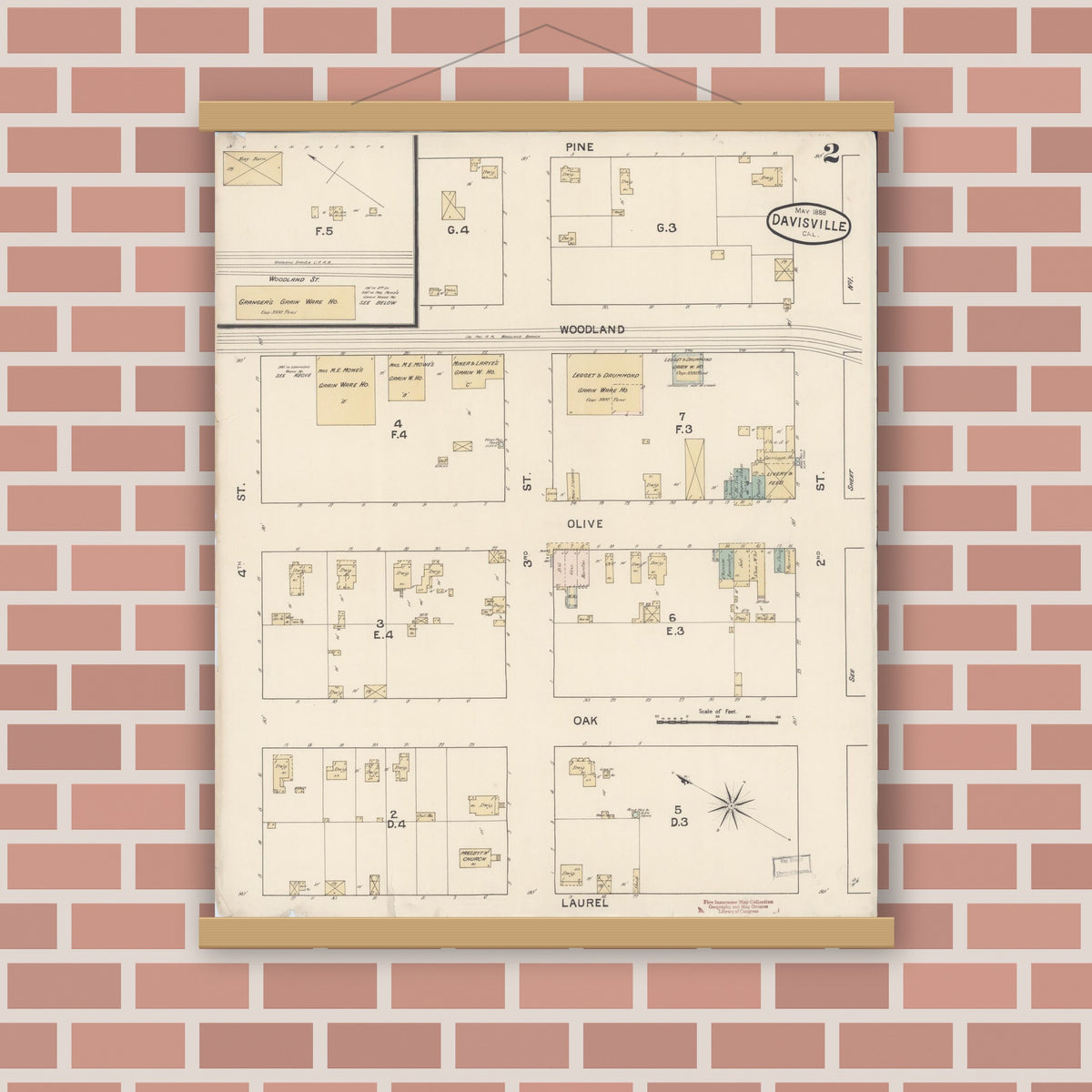 Old map wall art mockup — magnetic wood frame on brick wall — Sanborn Fire Insurance Map from Davis, Yolo County, California (1888), Sheet #0002