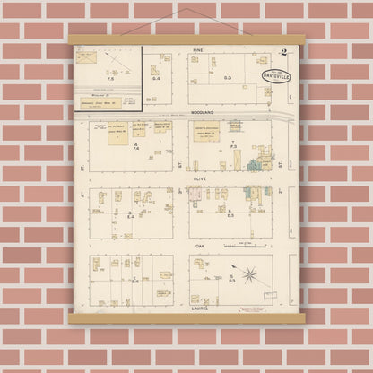 Old map wall art mockup — magnetic wood frame on brick wall — Sanborn Fire Insurance Map from Davis, Yolo County, California (1888), Sheet #0002