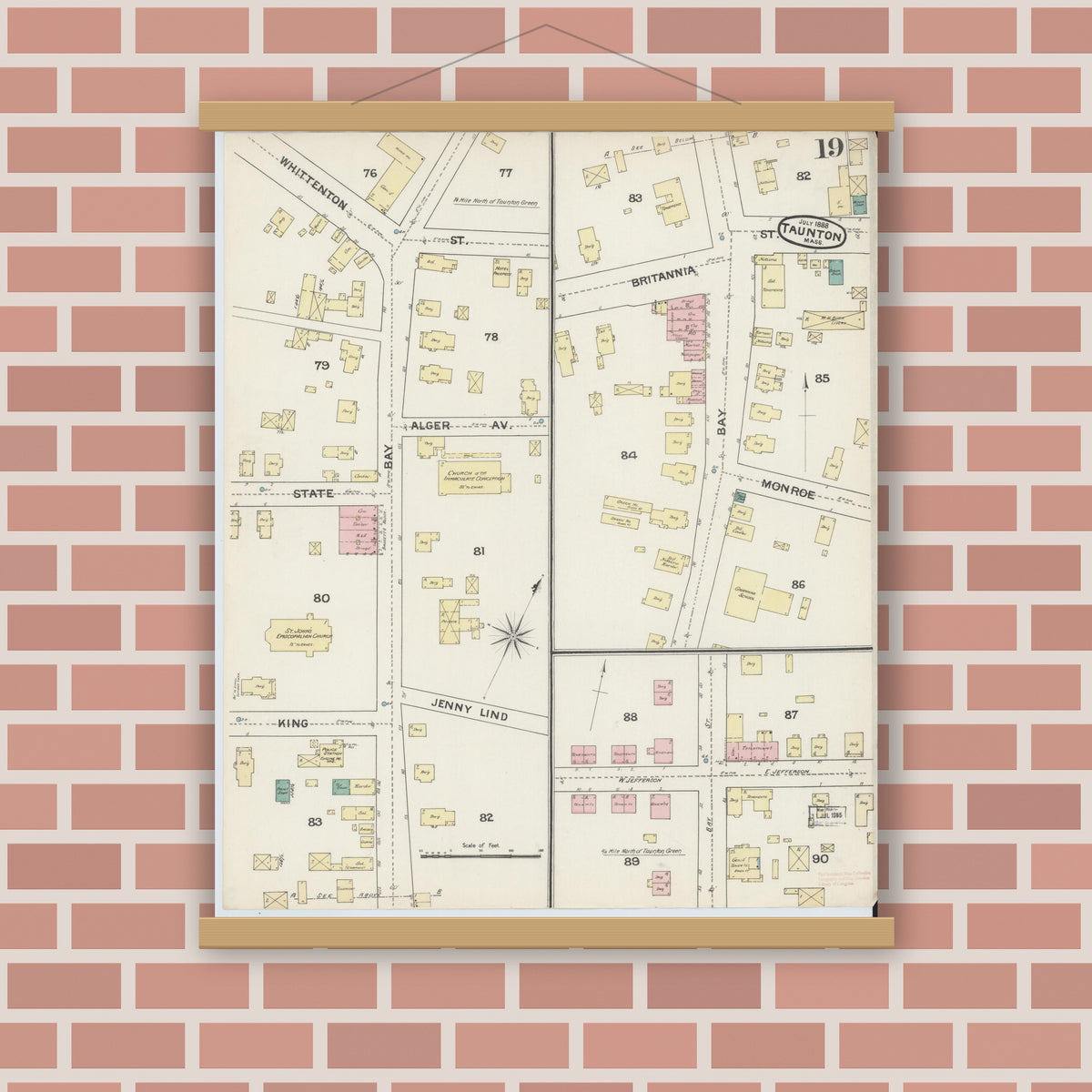 Old map wall art mockup — magnetic wood frame on brick wall — Sanborn Fire Insurance Map from Taunton, Bristol County, Massachusetts (1888), Sheet #0019