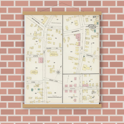Old map wall art mockup — magnetic wood frame on brick wall — Sanborn Fire Insurance Map from Taunton, Bristol County, Massachusetts (1888), Sheet #0019
