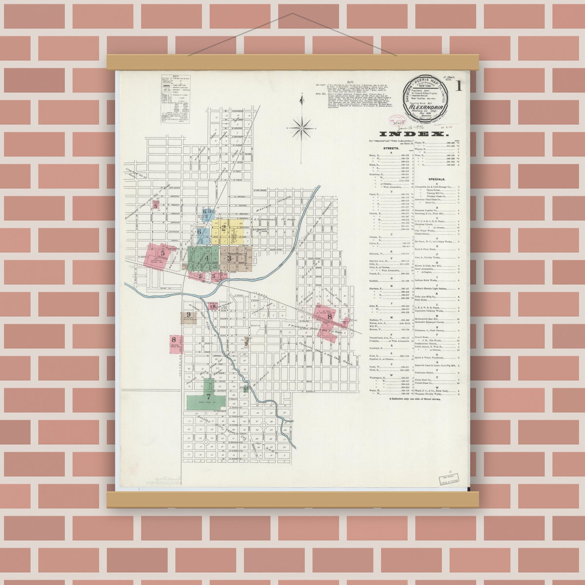 Old map wall art mockup — magnetic wood frame on brick wall — Sanborn Fire Insurance Map from Alexandria, Madison County, Indiana (1896) - Complete Map Set