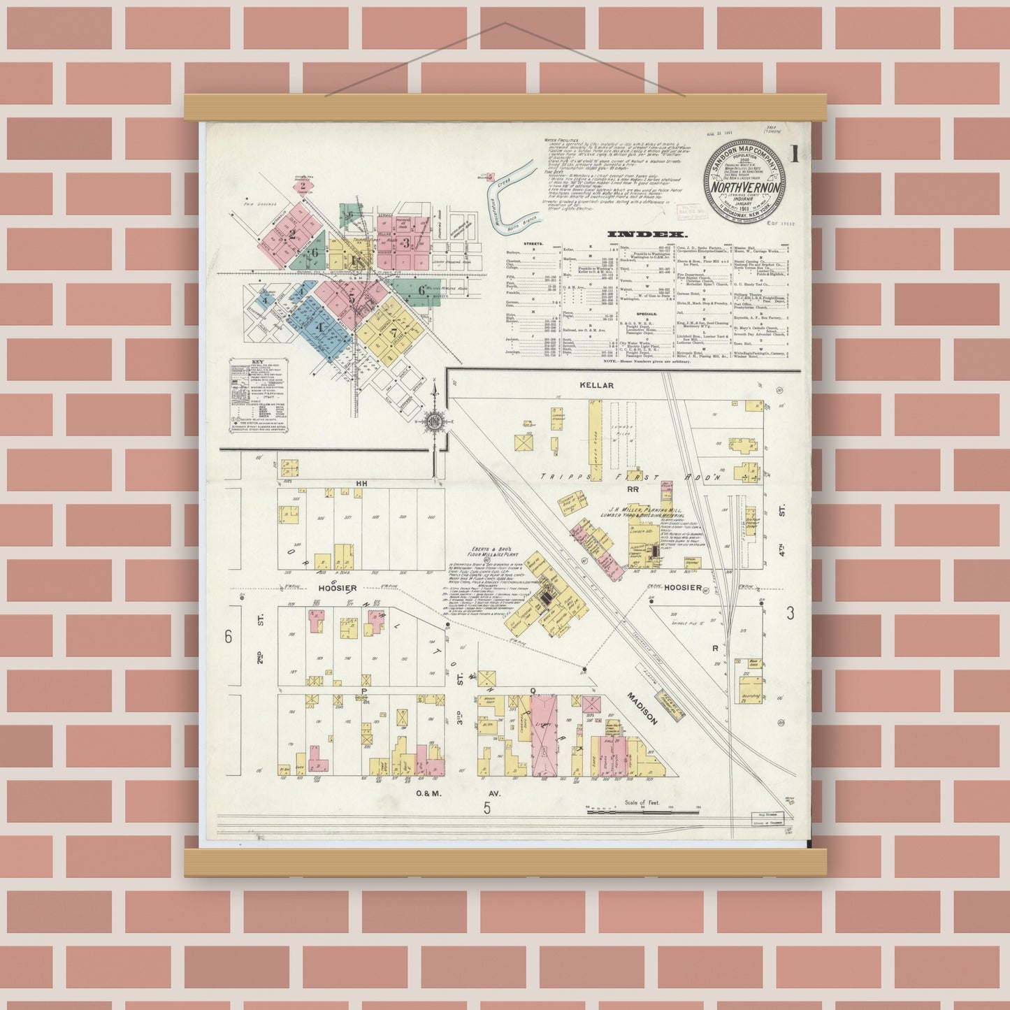 Old map wall art mockup — magnetic wood frame on brick wall — Sanborn Fire Insurance Map from North Vernon, Jennings County, Indiana (1911) - Complete Map Set