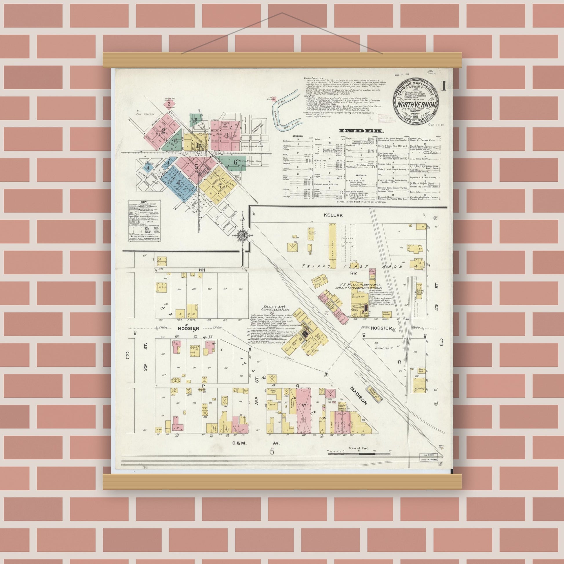 Old map wall art mockup — magnetic wood frame on brick wall — Sanborn Fire Insurance Map from North Vernon, Jennings County, Indiana (1911) - Complete Map Set