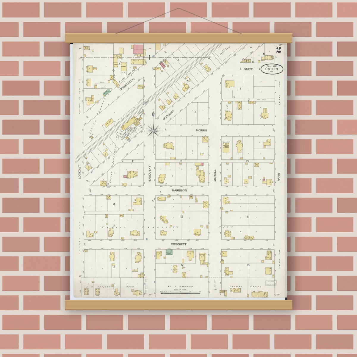 Old map wall art mockup — magnetic wood frame on brick wall — Sanborn Fire Insurance Map from Catlin, Vermilion County, Illinois (1899), Sheet #0002
