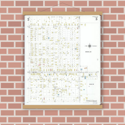 Old map wall art mockup — magnetic wood frame on brick wall — Sanborn Fire Insurance Map from Bradford, Darke and Miami Counties, Ohio (1951), Sheet #0005