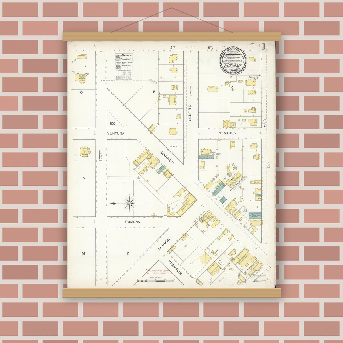 Old map wall art mockup — magnetic wood frame on brick wall — Sanborn Fire Insurance Map from Hueneme, Ventura County, California (1892) - Complete Map Set