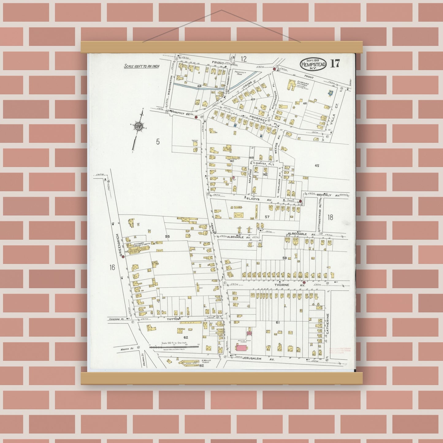 Old map wall art mockup — magnetic wood frame on brick wall — Sanborn Fire Insurance Map from Hempstead, Nassau County, New York (1919), Sheet #0017