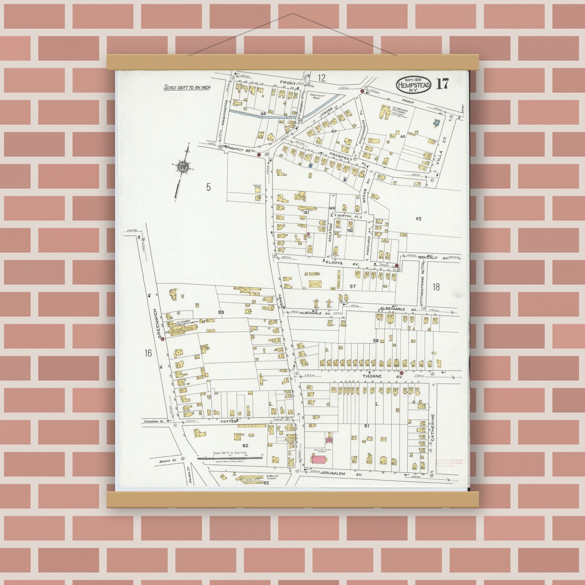 Old map wall art mockup — magnetic wood frame on brick wall — Sanborn Fire Insurance Map from Hempstead, Nassau County, New York (1919), Sheet #0017