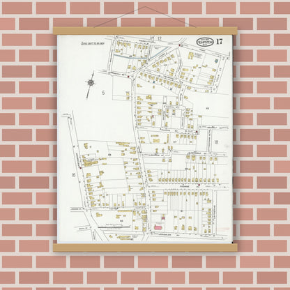 Old map wall art mockup — magnetic wood frame on brick wall — Sanborn Fire Insurance Map from Hempstead, Nassau County, New York (1919), Sheet #0017