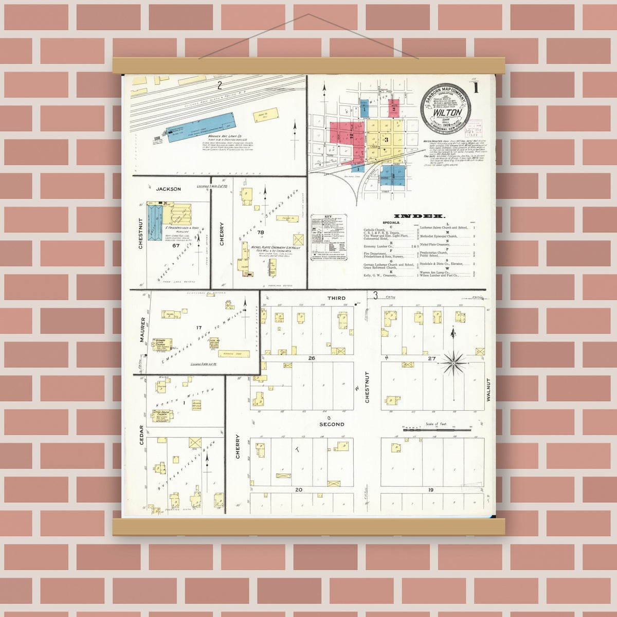 Old map wall art mockup — magnetic wood frame on brick wall — Sanborn Fire Insurance Map from Wilton Junction, Muscatine County, Iowa (1909) â€” Complete Set