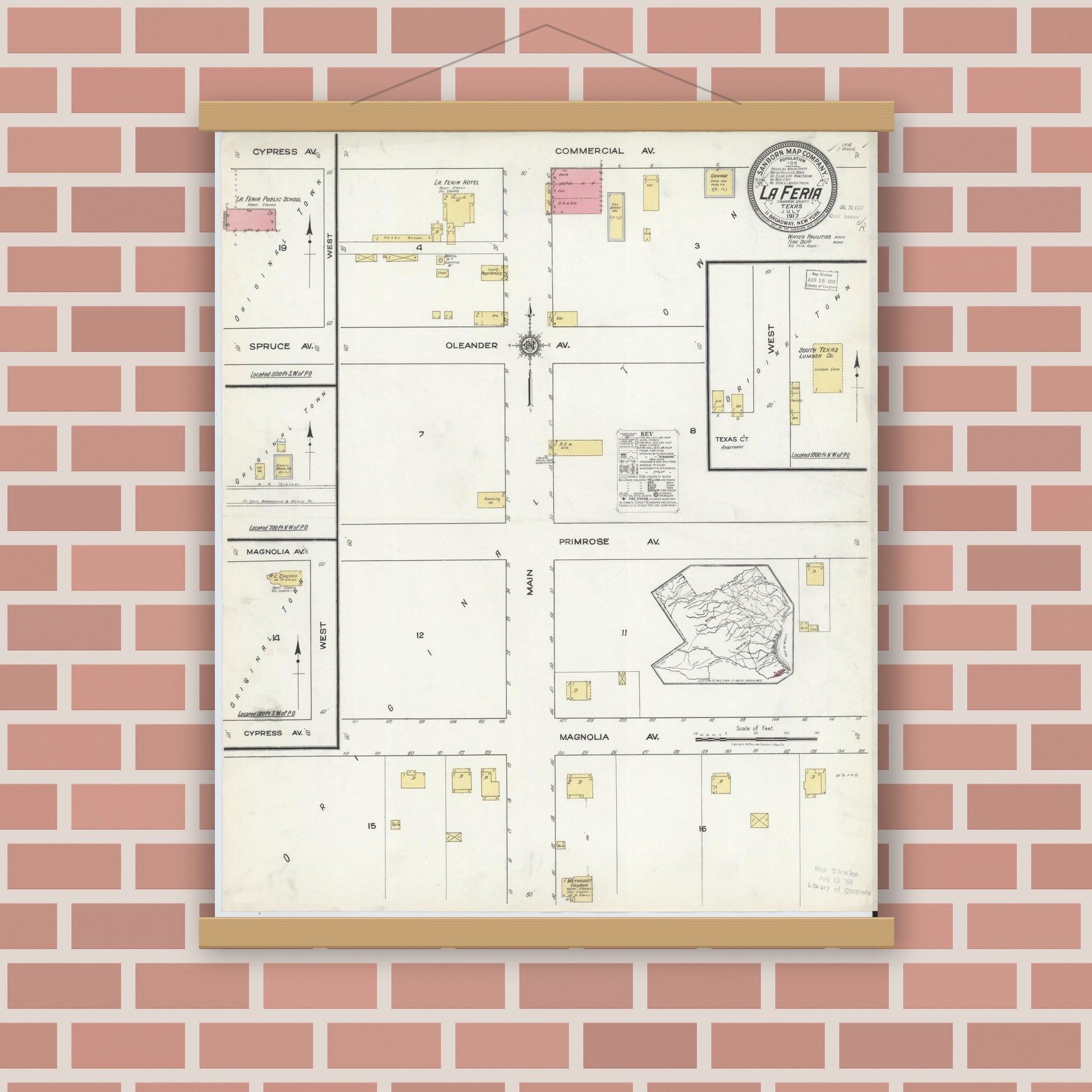 Old map wall art mockup — magnetic wood frame on brick wall — Sanborn Fire Insurance Map from La Feria, Cameron County, Texas (1917), Sheet #0001