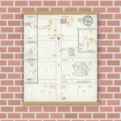 Old map wall art mockup — magnetic wood frame on brick wall — Sanborn Fire Insurance Map from La Feria, Cameron County, Texas (1917), Sheet #0001