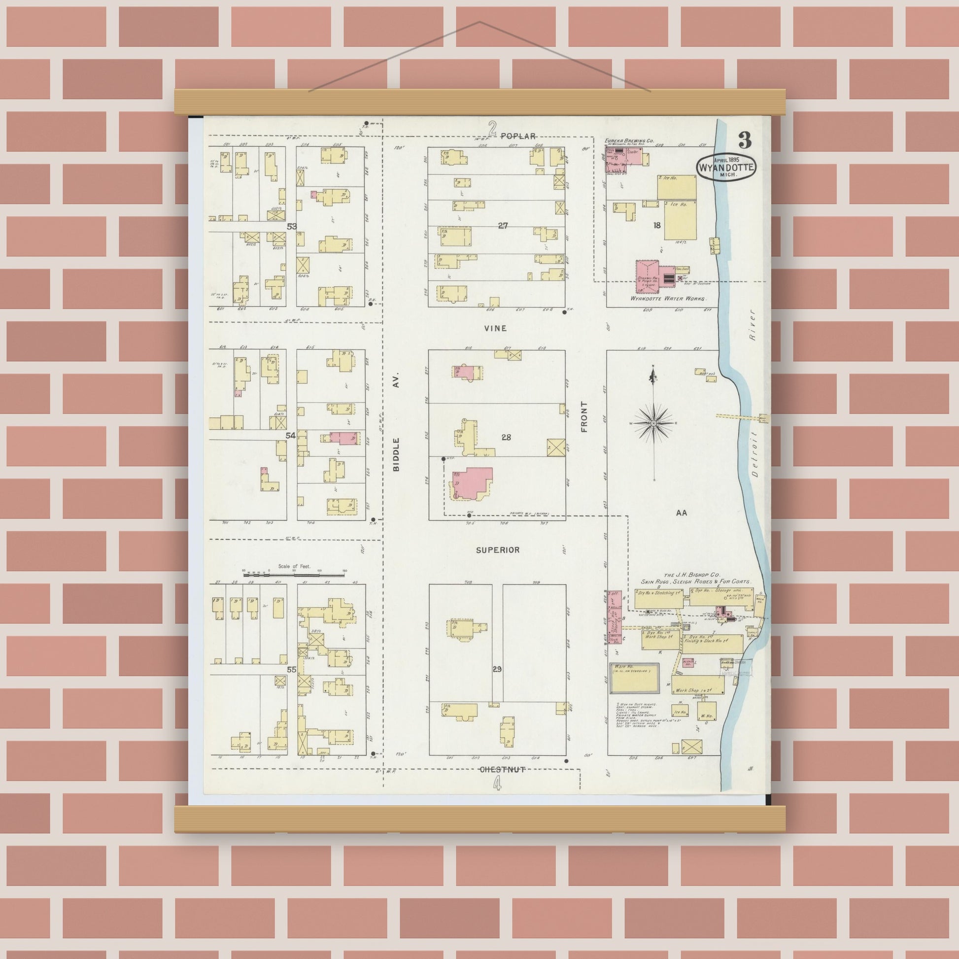 Old map wall art mockup — magnetic wood frame on brick wall — Sanborn Fire Insurance Map from Wyandotte, Wayne County, Michigan (1895), Sheet #0003