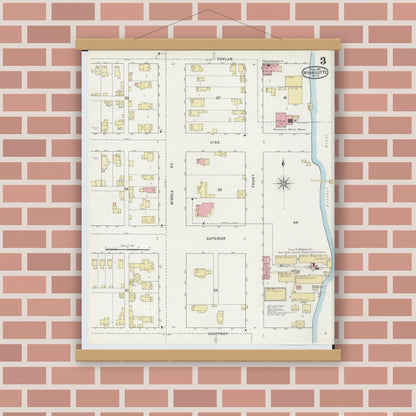 Old map wall art mockup — magnetic wood frame on brick wall — Sanborn Fire Insurance Map from Wyandotte, Wayne County, Michigan (1895), Sheet #0003
