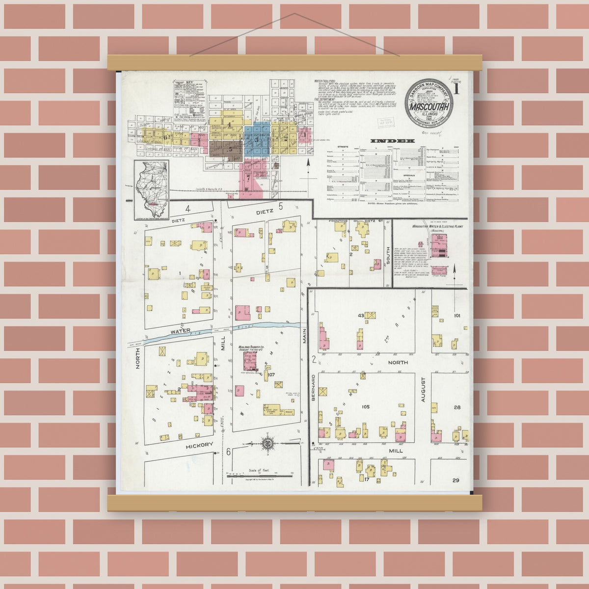 Old map wall art mockup — magnetic wood frame on brick wall — Sanborn Fire Insurance Map from Mascoutah, Saint Clair County, Illinois (1921) - Complete Map Set